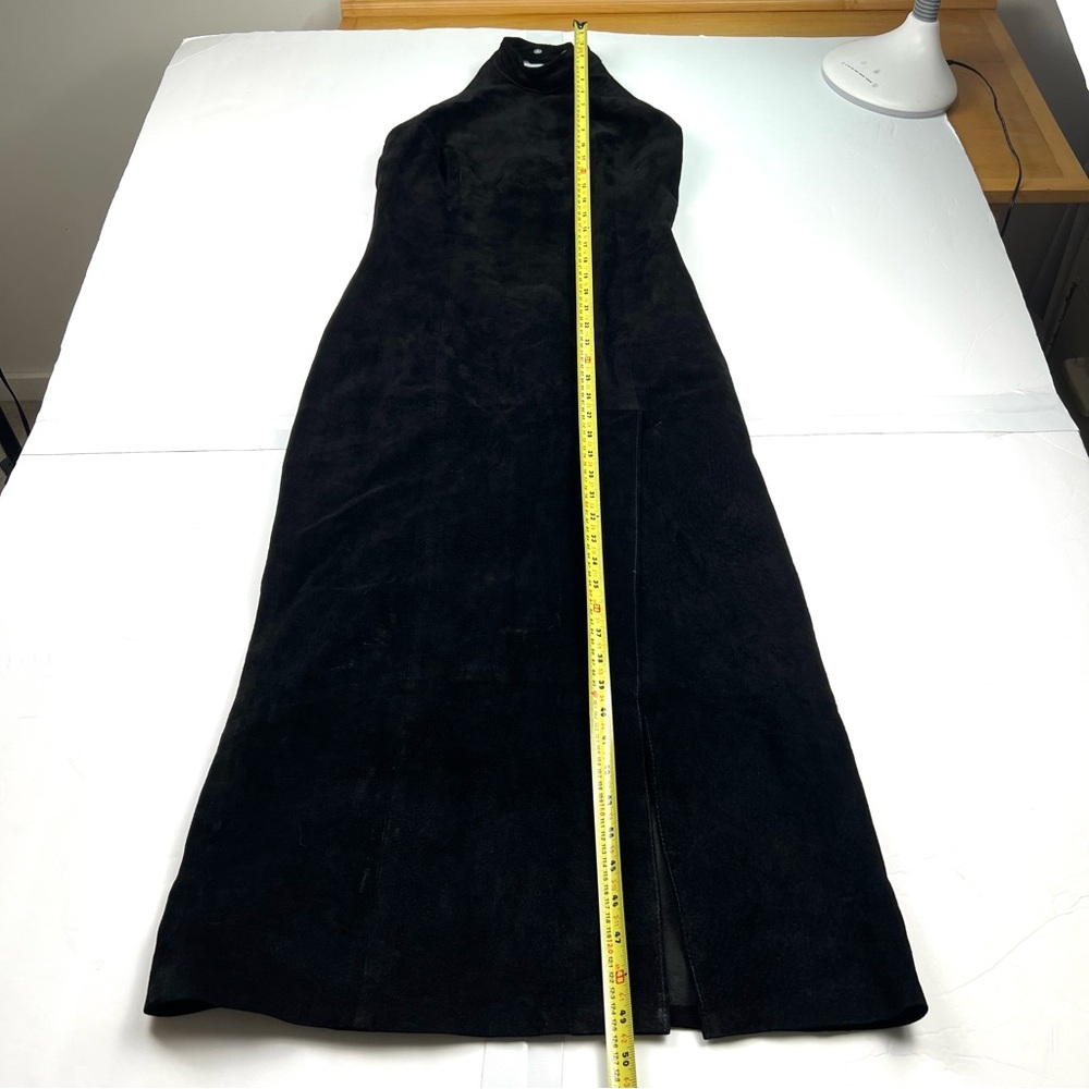 Vintage Leather Suede Long Column Dress Size 4 Black High Halter Neck Sexy Y2K - Picture 12 of 17